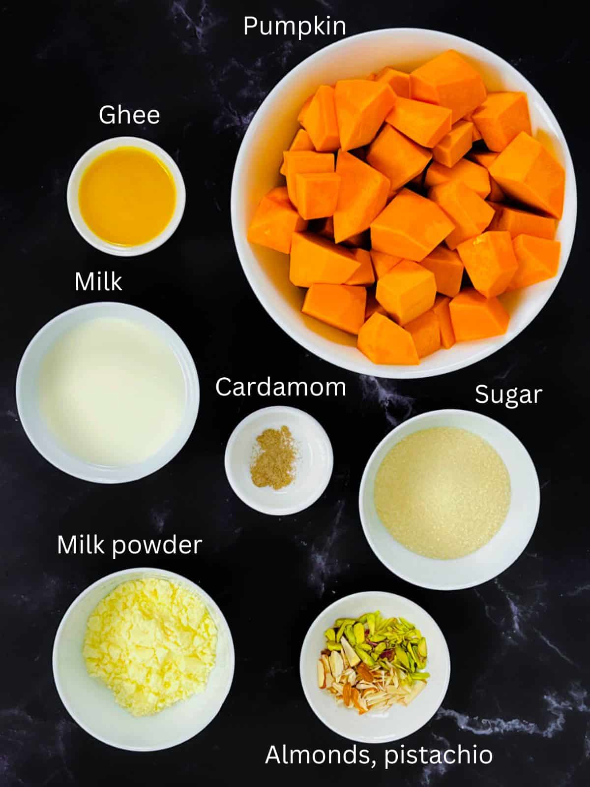 Pumpkin halwa ingredients with lables.