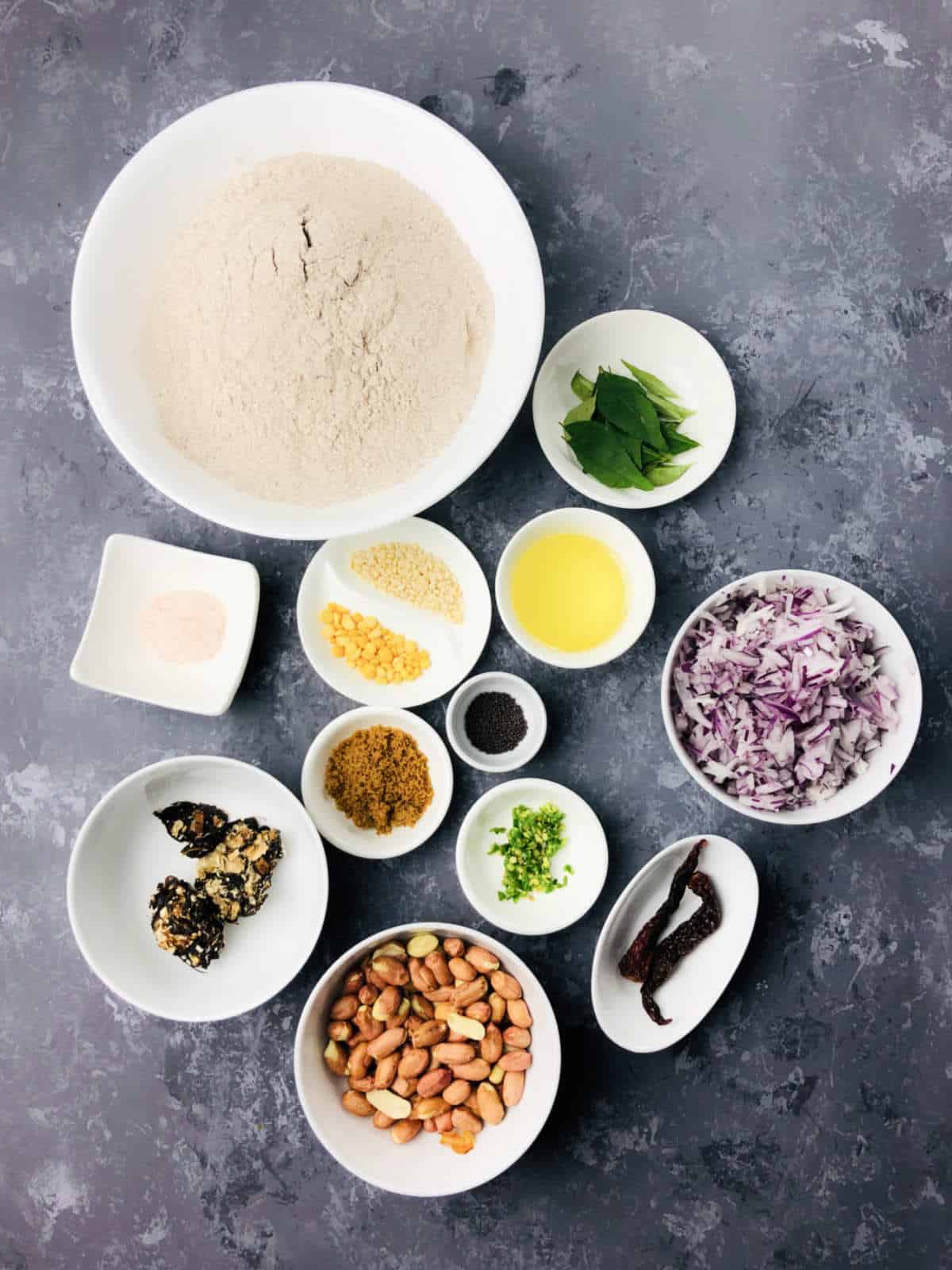Ingredients to make ragi upma.