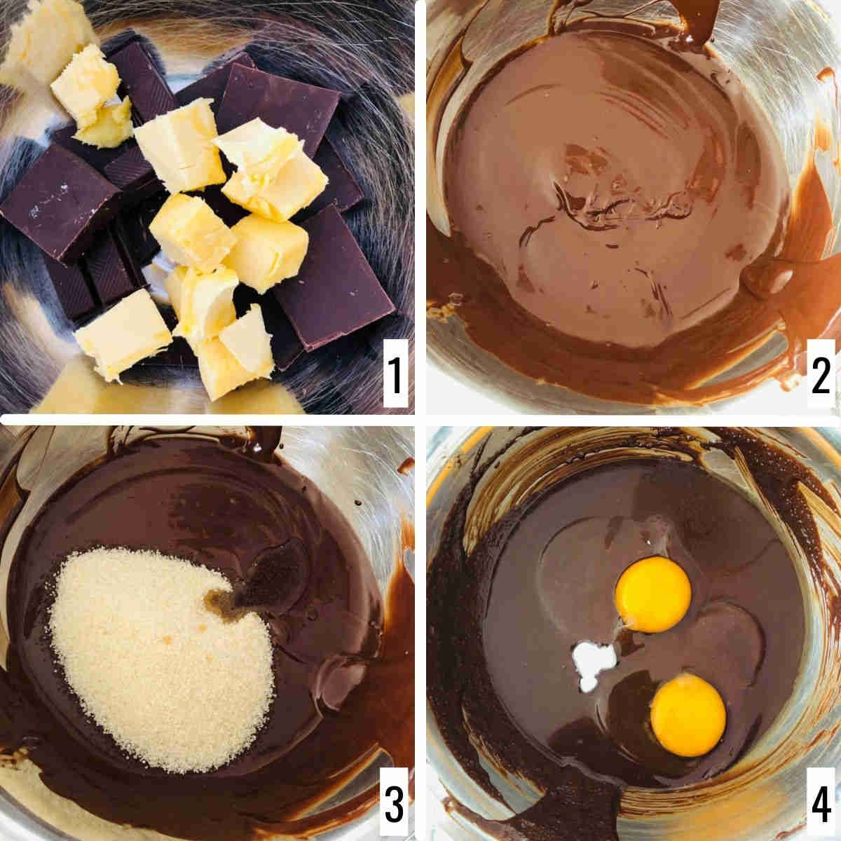 Melt chocolate and mix the wet ingredients.