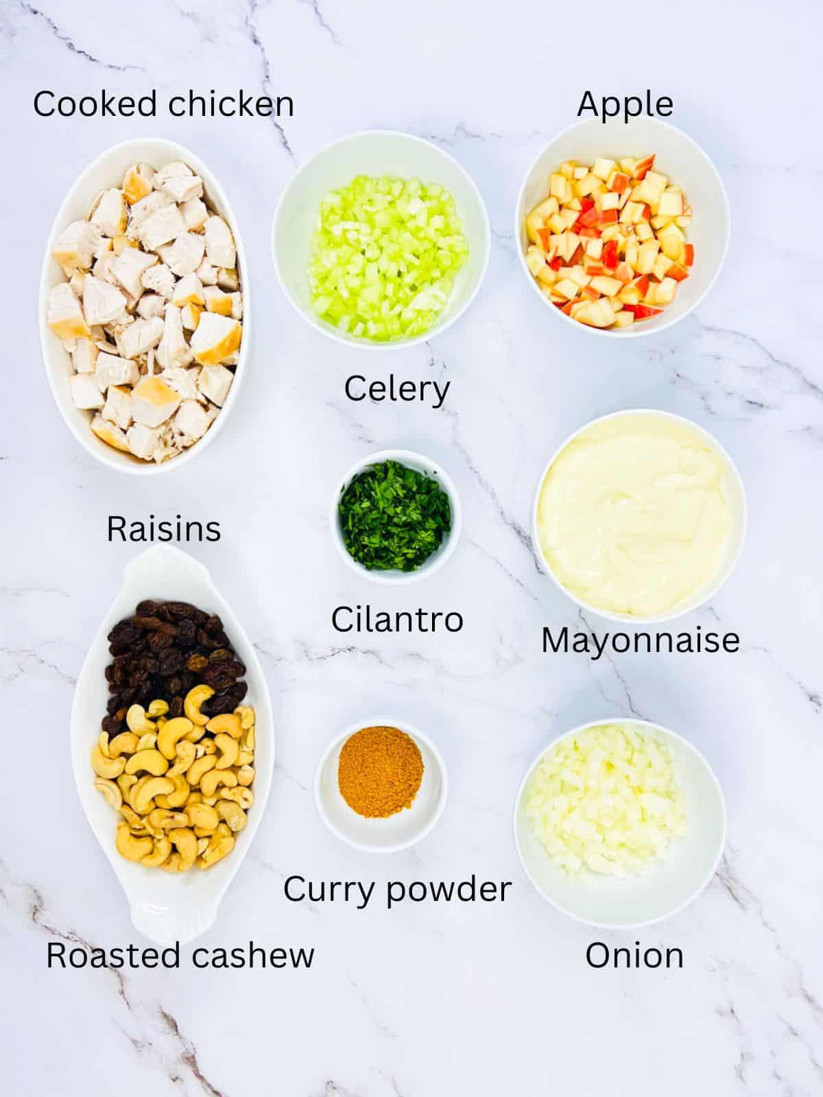 Ingredients to make curry chicken salad.