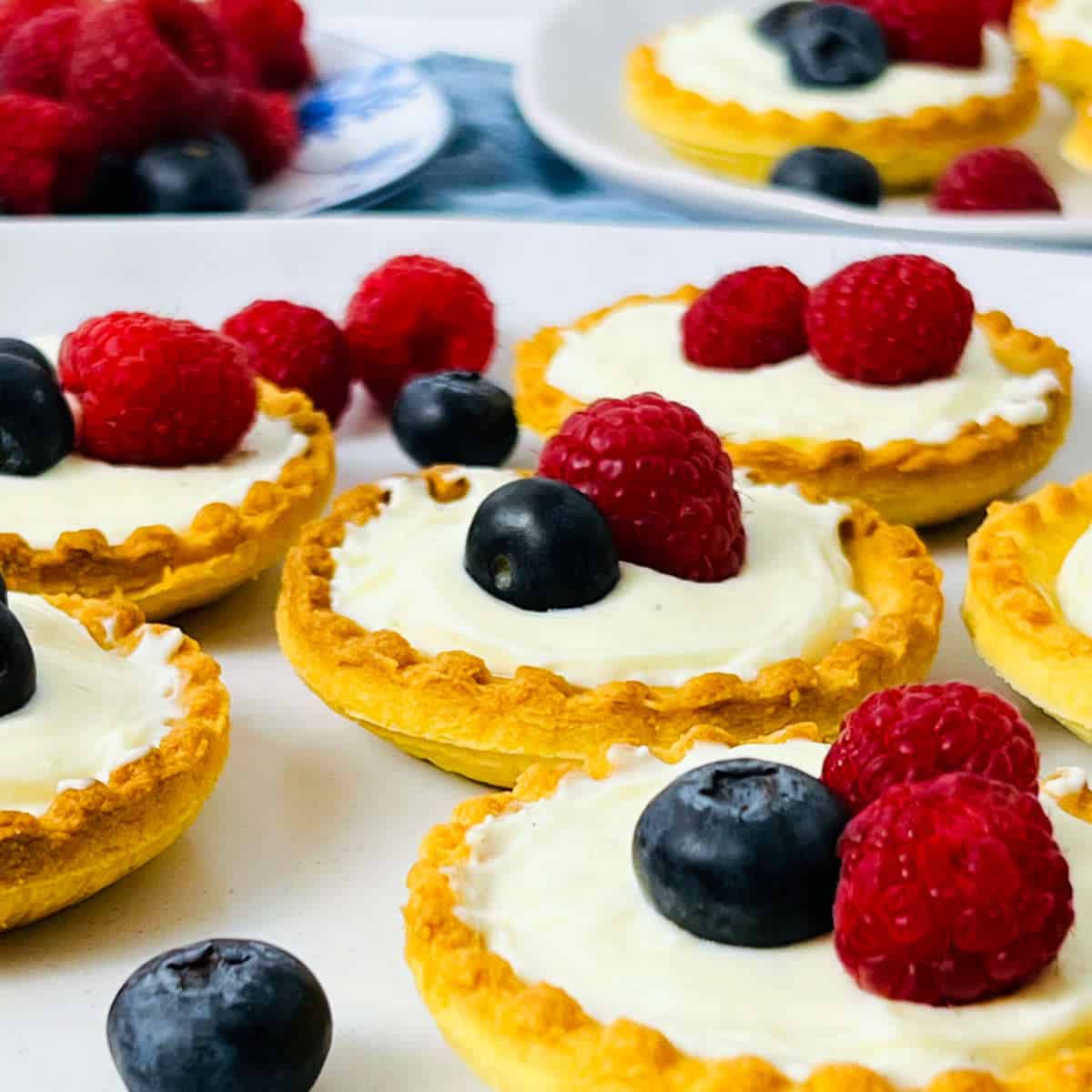 Close up of shrikhand tart with berries.
