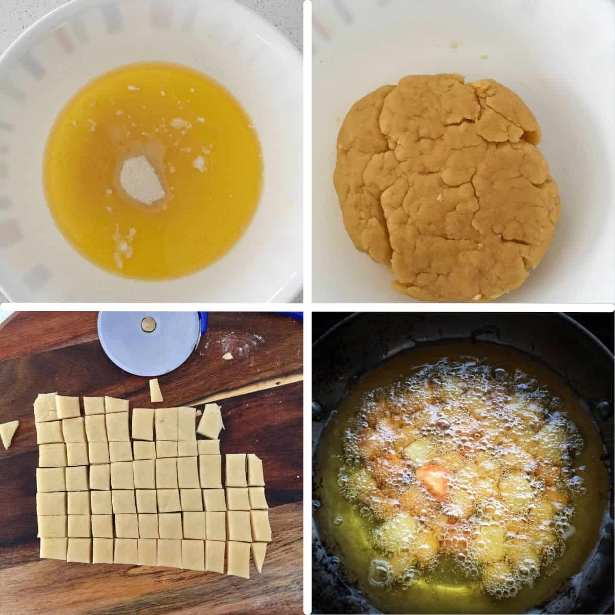 Make dough and cut into small squares.
