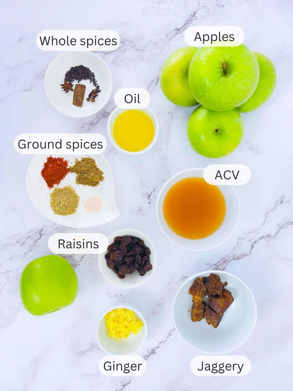 Ingredients to make apple chutney.