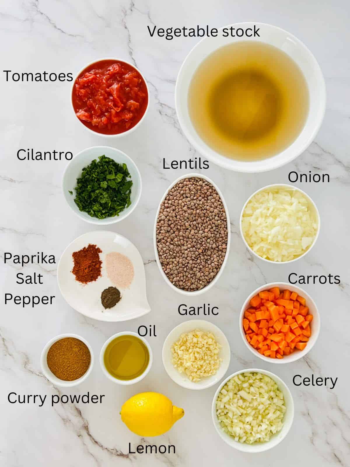 Ingredients to make lentil soup.