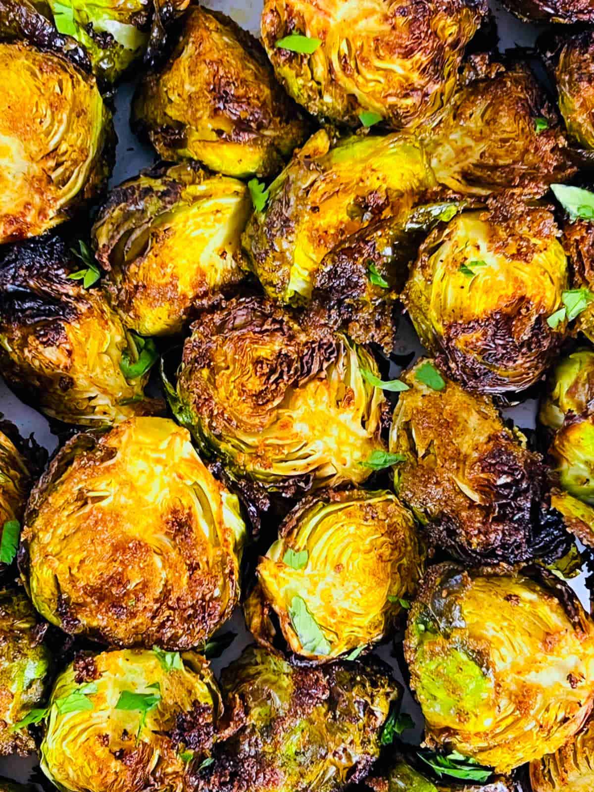 Air fryer Brussels sprouts close up.