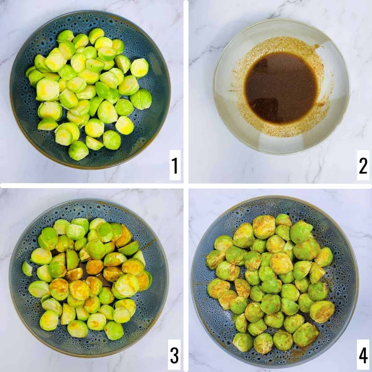 A 4-picture collage of steps showing mixing and rubbing the spices on the sprouts.