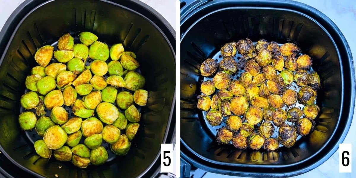 A 2-step collage showing the placed sprouts in the air fryer basket.