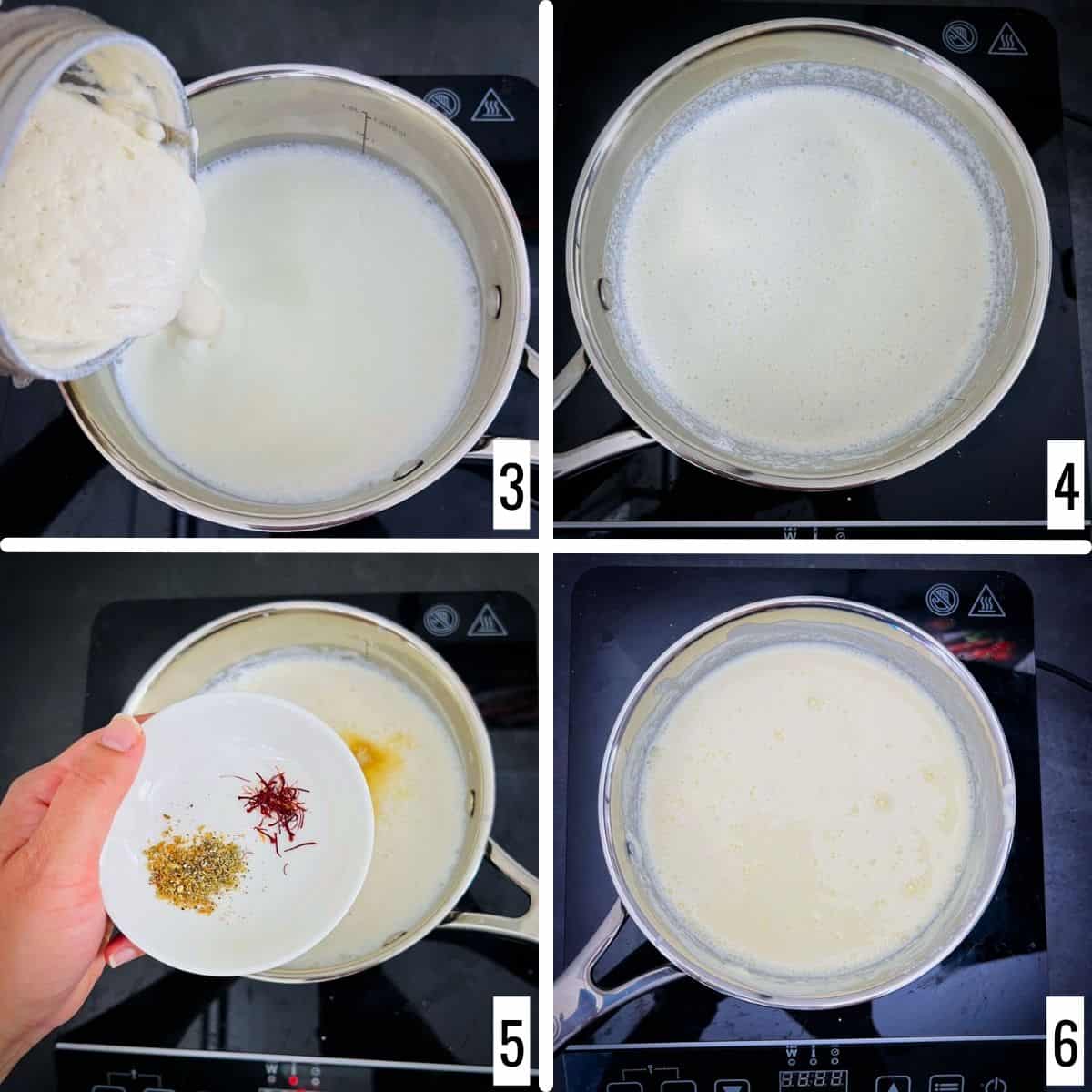 A 4-picture collage showing the preparation of this drink with spices and almonds.
