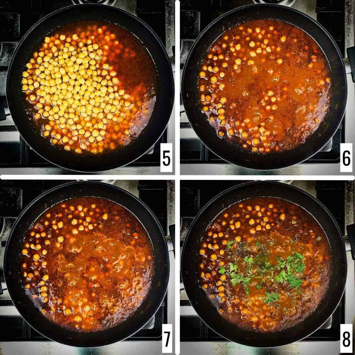 A 4-step collage of simmering chickpea and adding garnish.