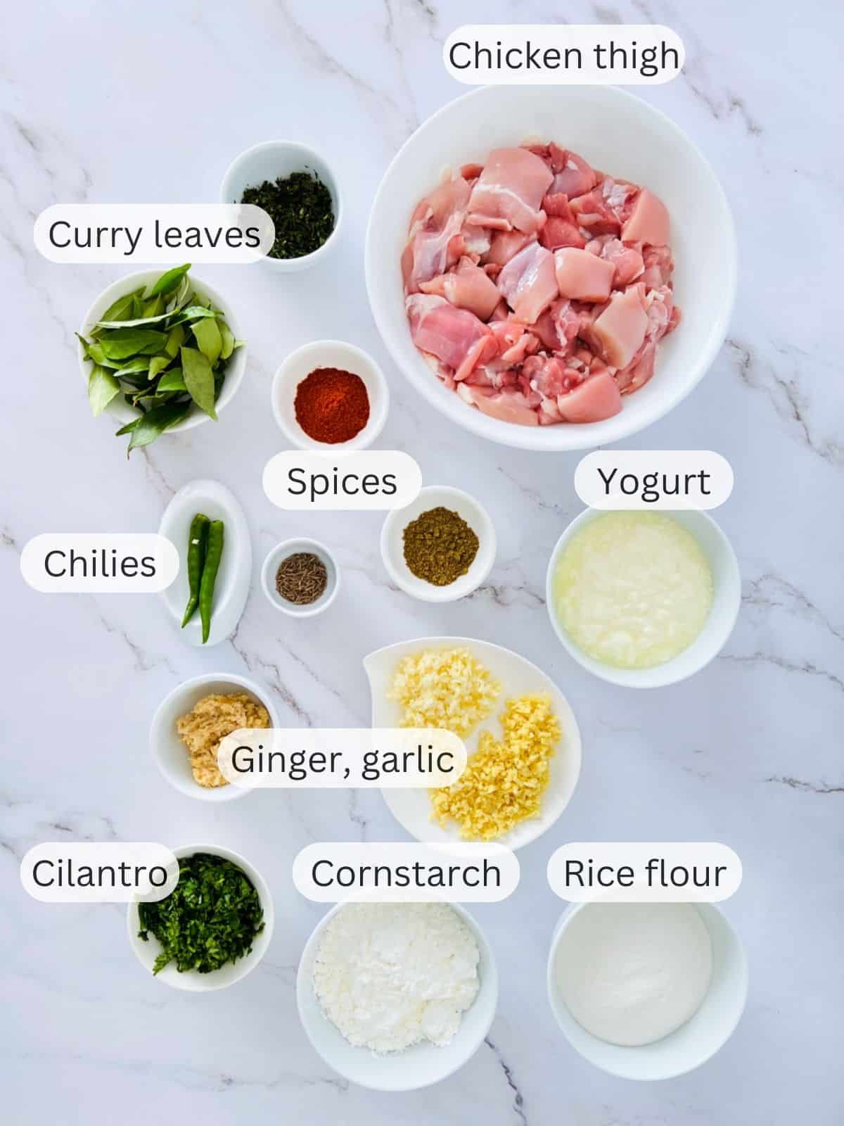 Ingredients to make chicken 65.