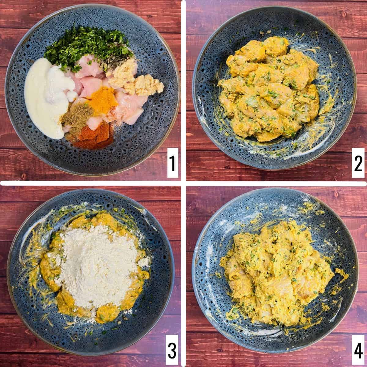 A 4-step collage showing making the pakoda batter.