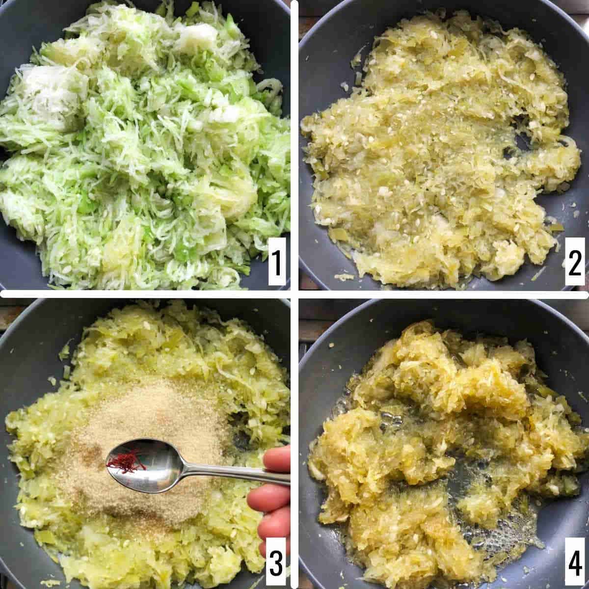 A 4-step collage showing the sauteing of ash goard.