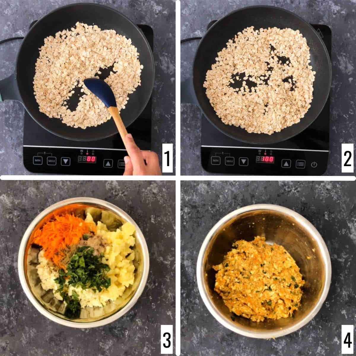 A 4-step collage showing the making of initial dough.