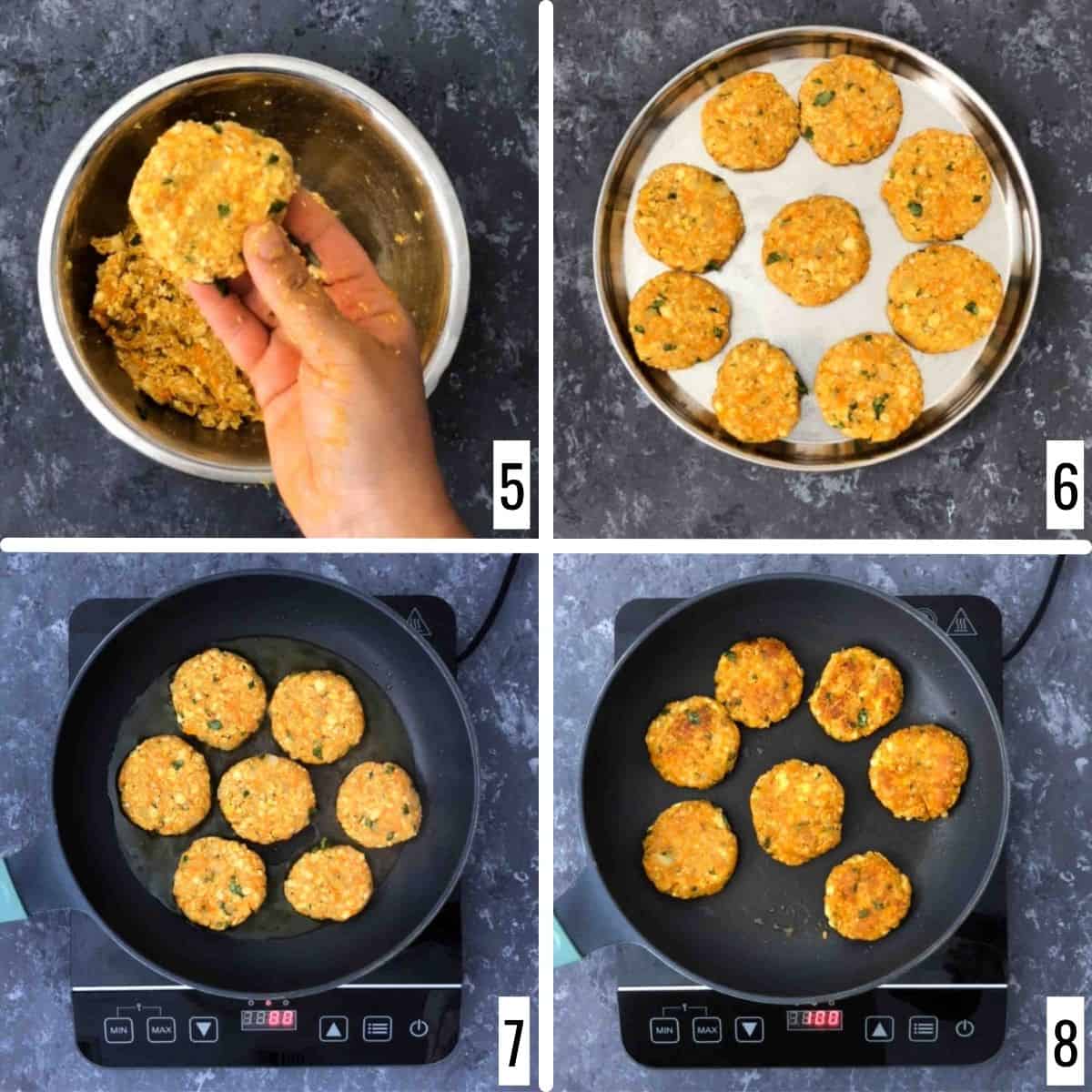 A 4-step collage showing the shaping and frying of the tikki.