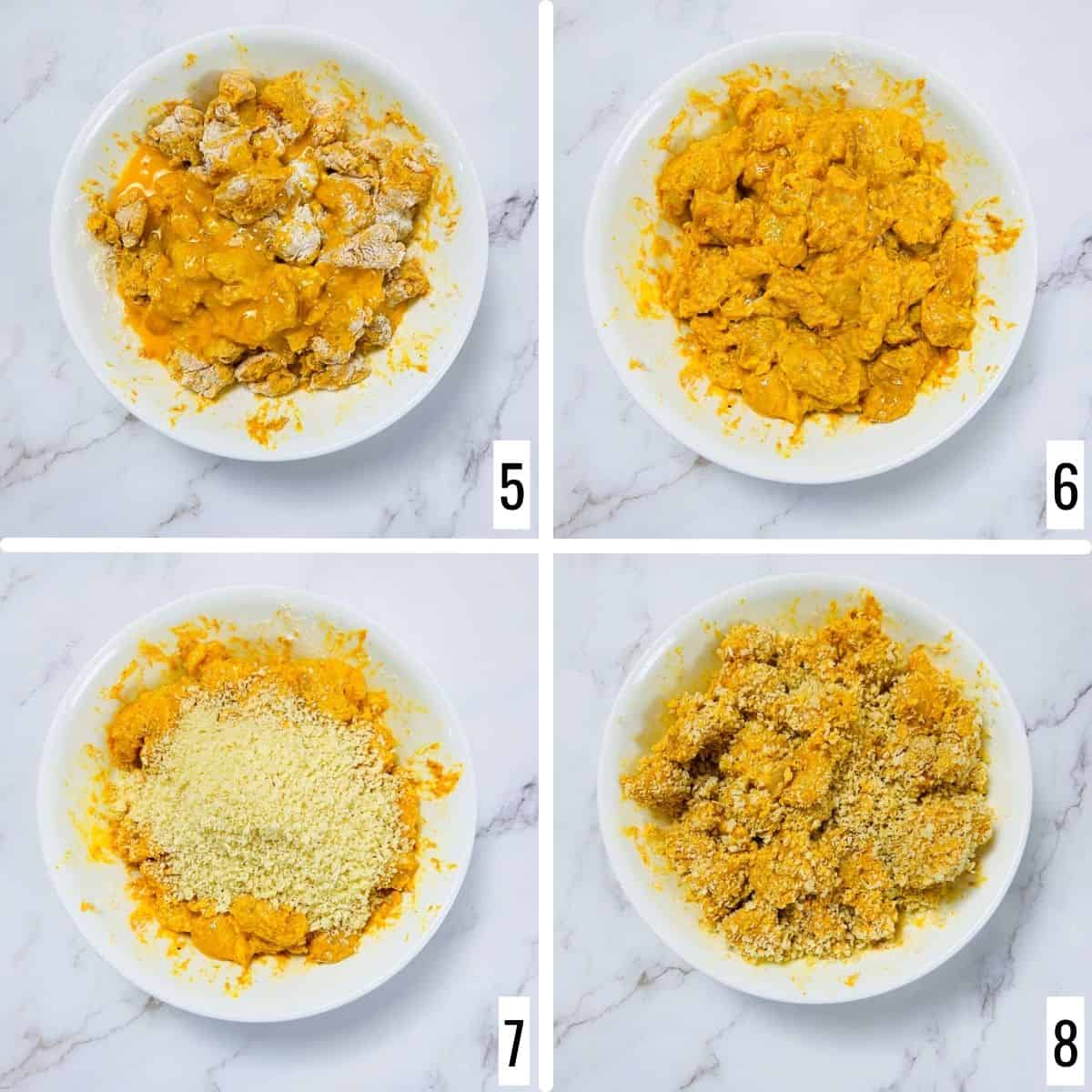A 4-step collage showing the addition of egg and panko crumbs.