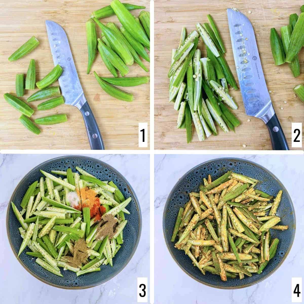 A 4-step collage showing the cutting and seasoning of bhindi.
