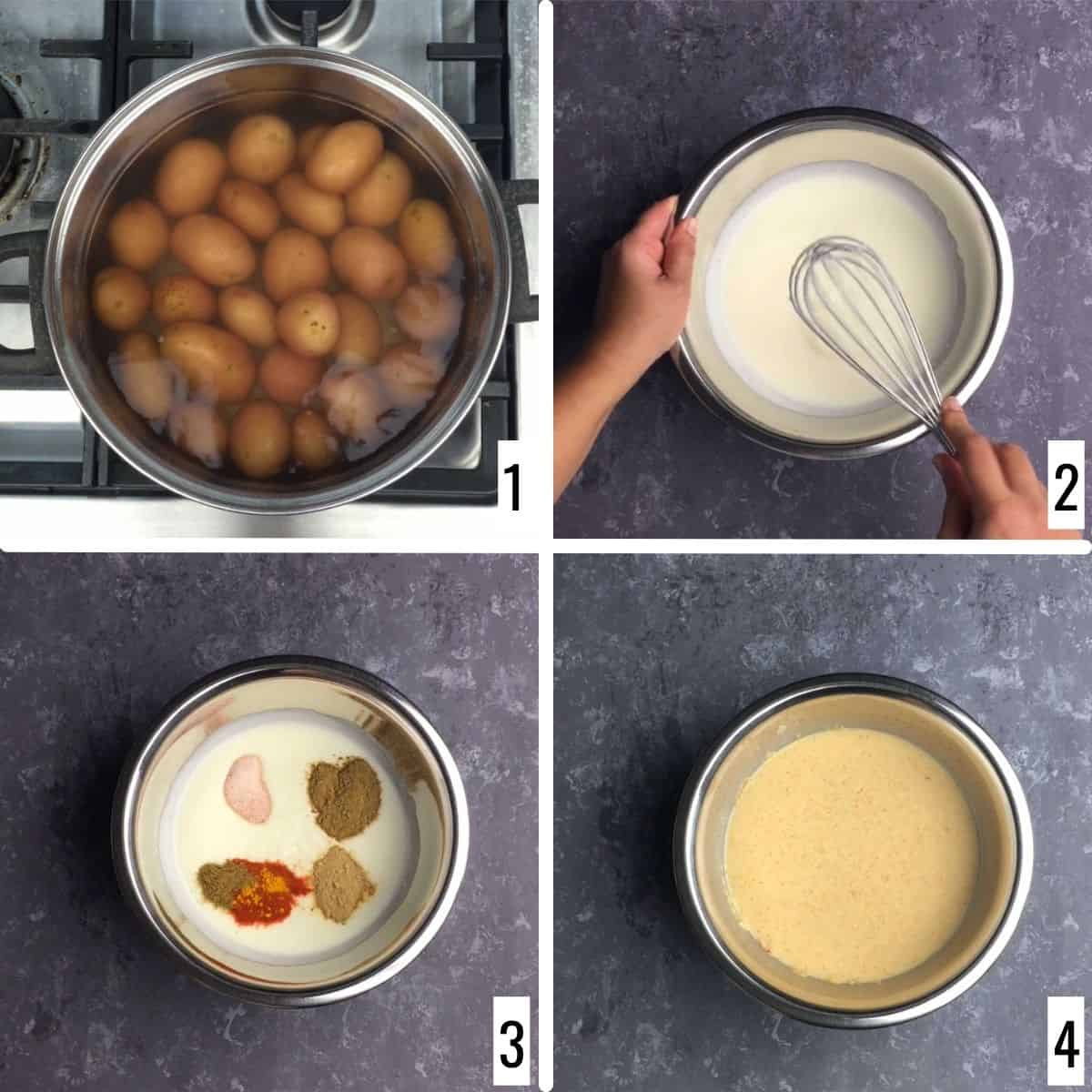 A 4-picture collage showming the boiling of potatos and making yogurt-spice mix.