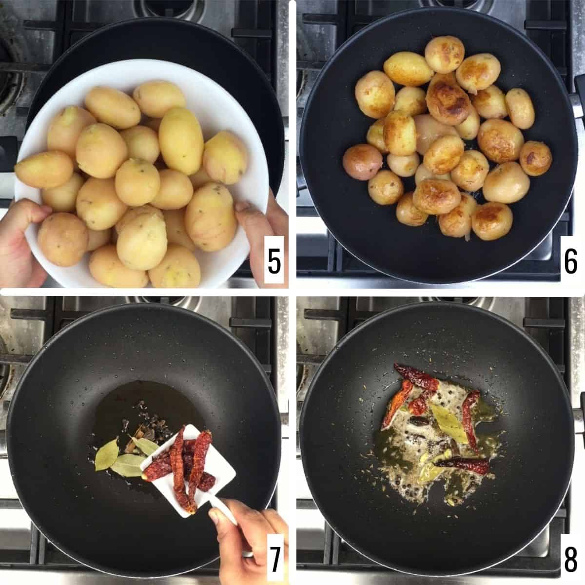 A 4-step collage showing the sauteing of potatoes and tempering whole spices.