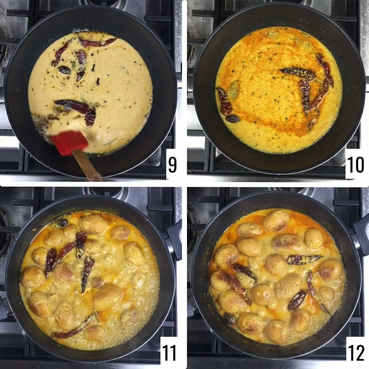 A 4-step collage showing the simmering of yogurt and potatoes together.