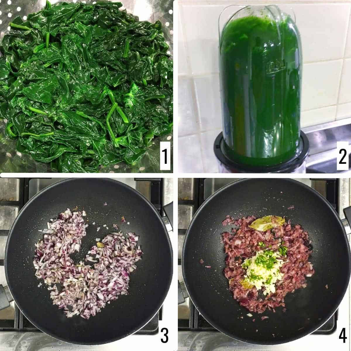 A 4-step collage showing the steps to prep the spinach and saute onions.
