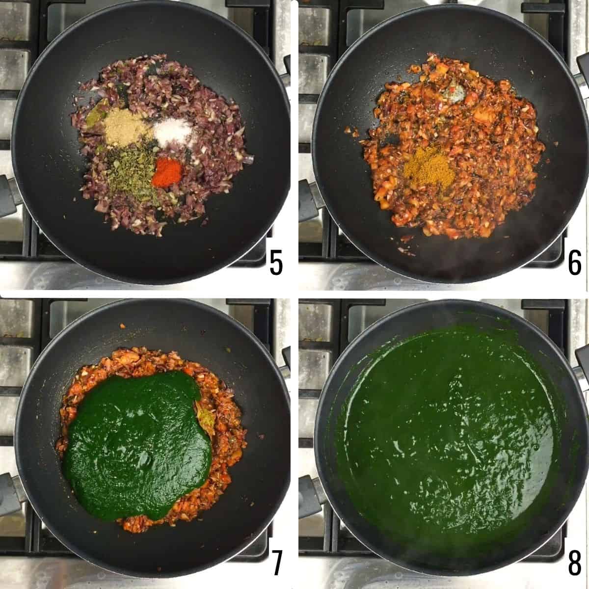 A 4-step collage showing  how to make onion-tomato masala and cook the spinach in it.