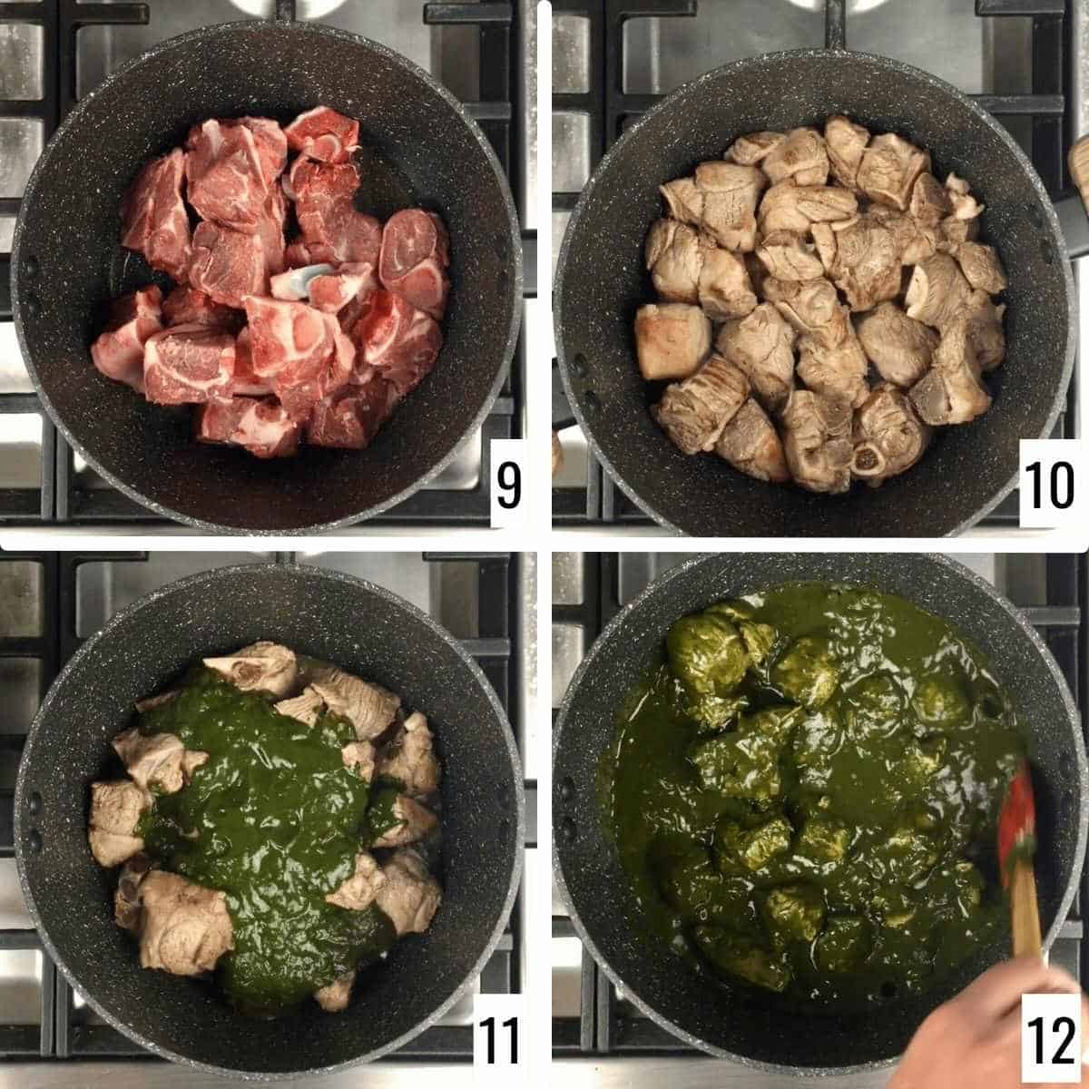 A 4-step collage showing browning of the lamb and simmering in the palak curry sauce.