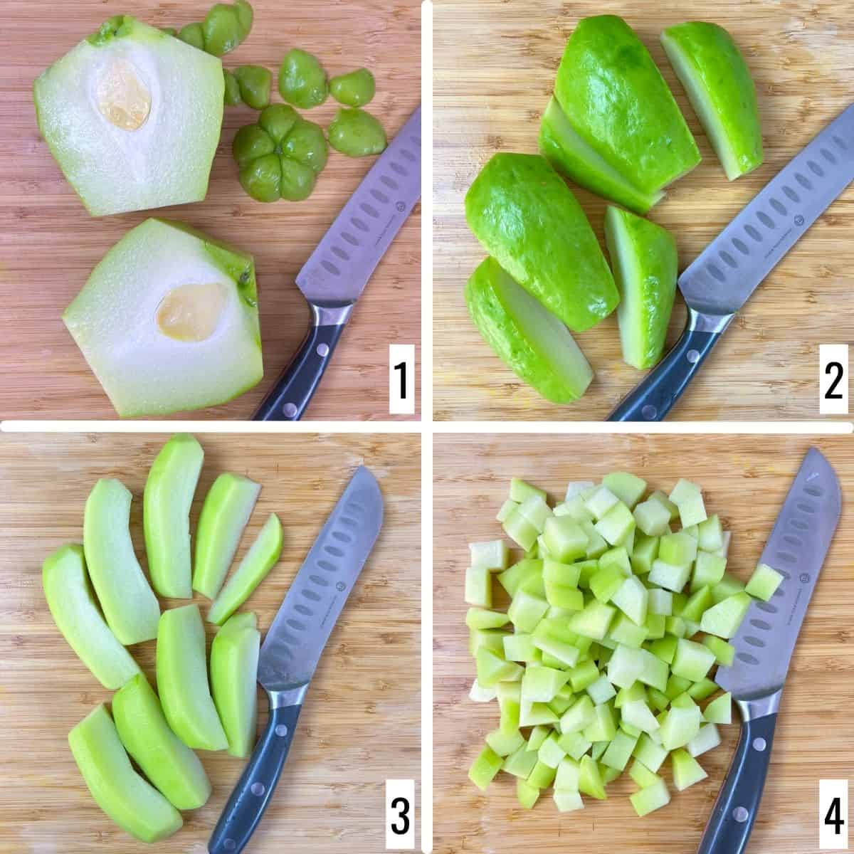 A 4-step collage showing peeling and chopping steps.