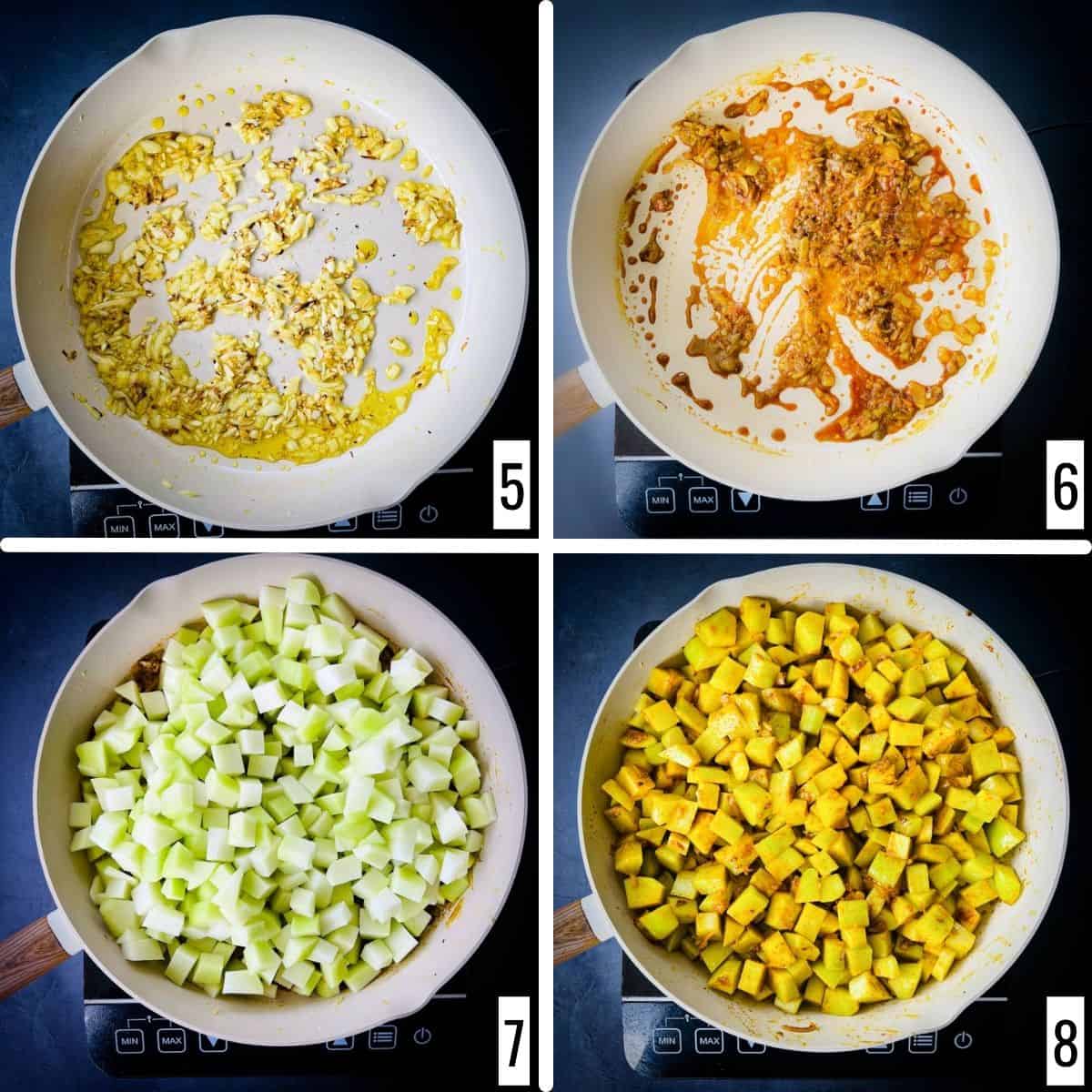 A 4-step collage showing the sauteing and cooking of ingredients.