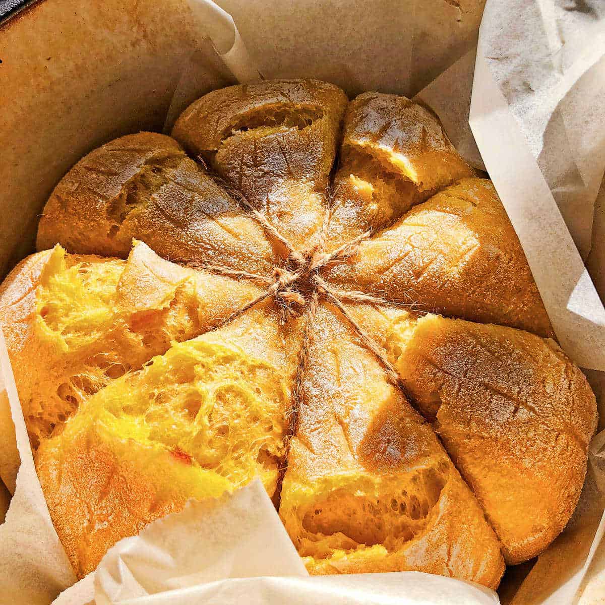 Sourdough pumpkin bread baked in a Dutch oven.