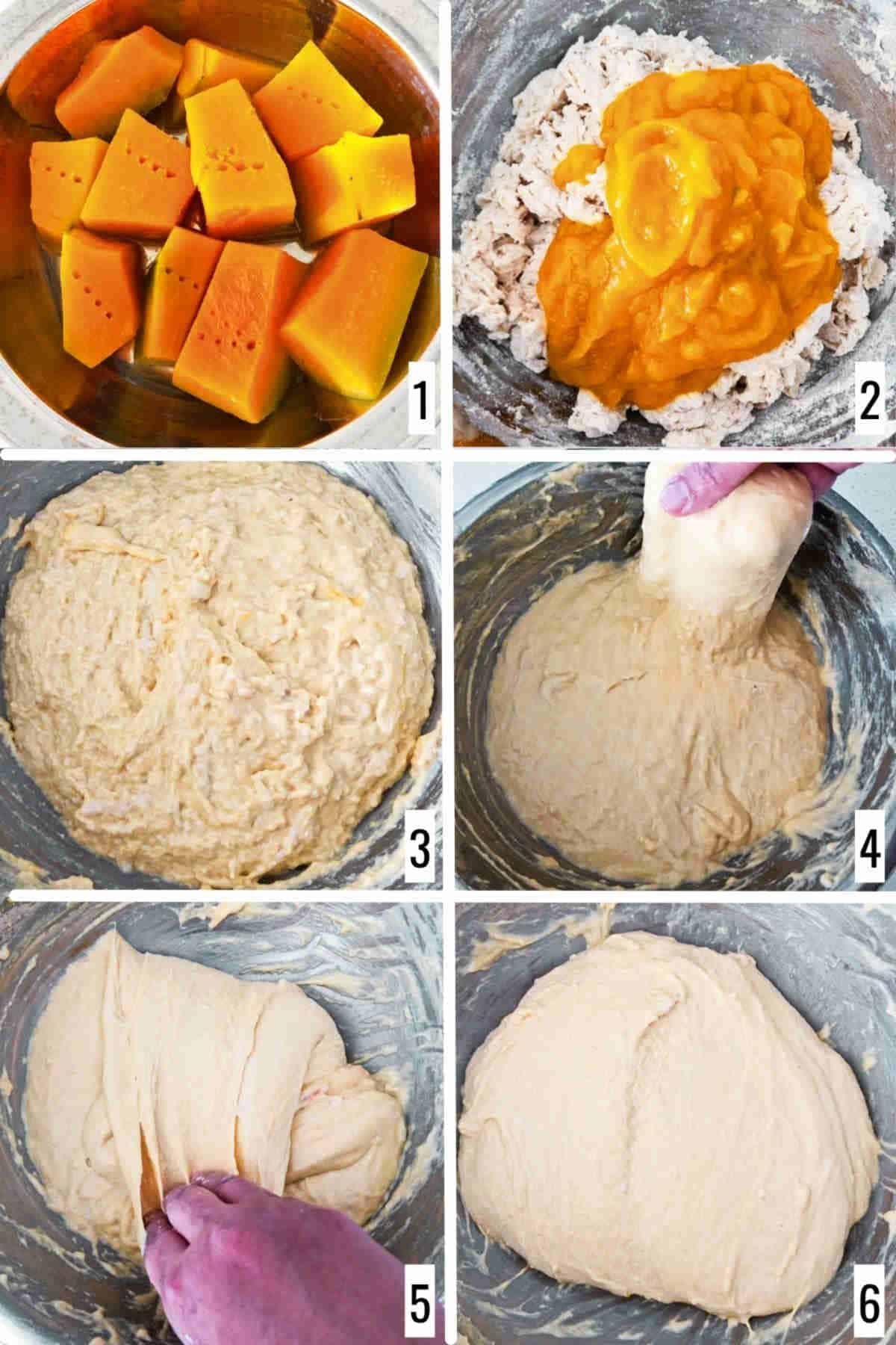 A 6-step collage showing the making of initial dough.
