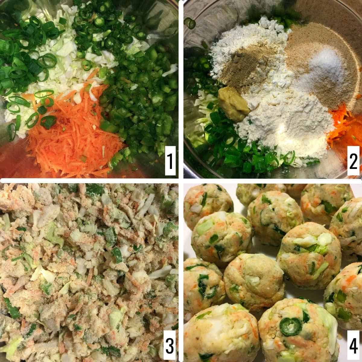 A 4-step collage showing how to make the vegetable balls.