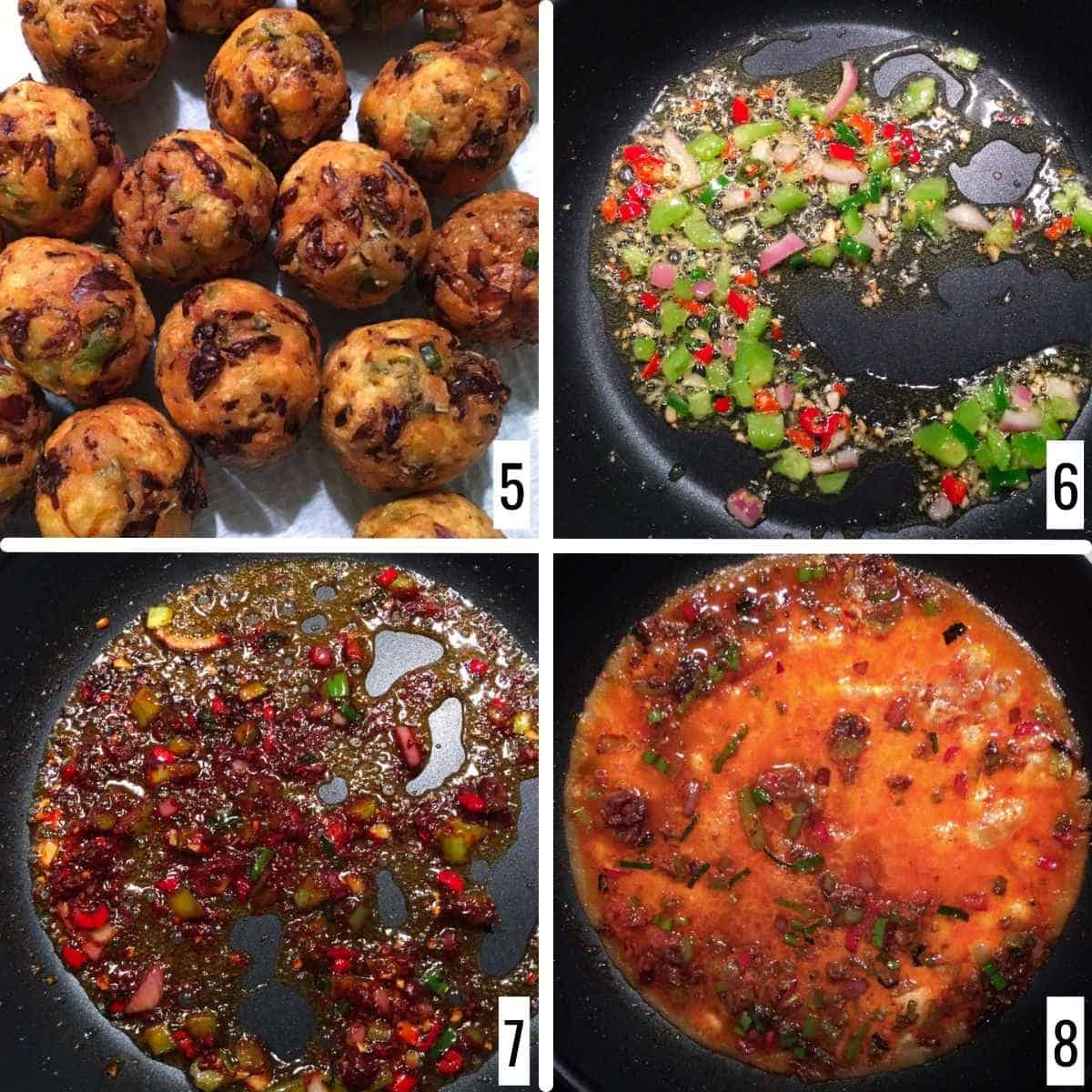 A 4-step collage showing the deep fried vegetable balls and making of the sauce.