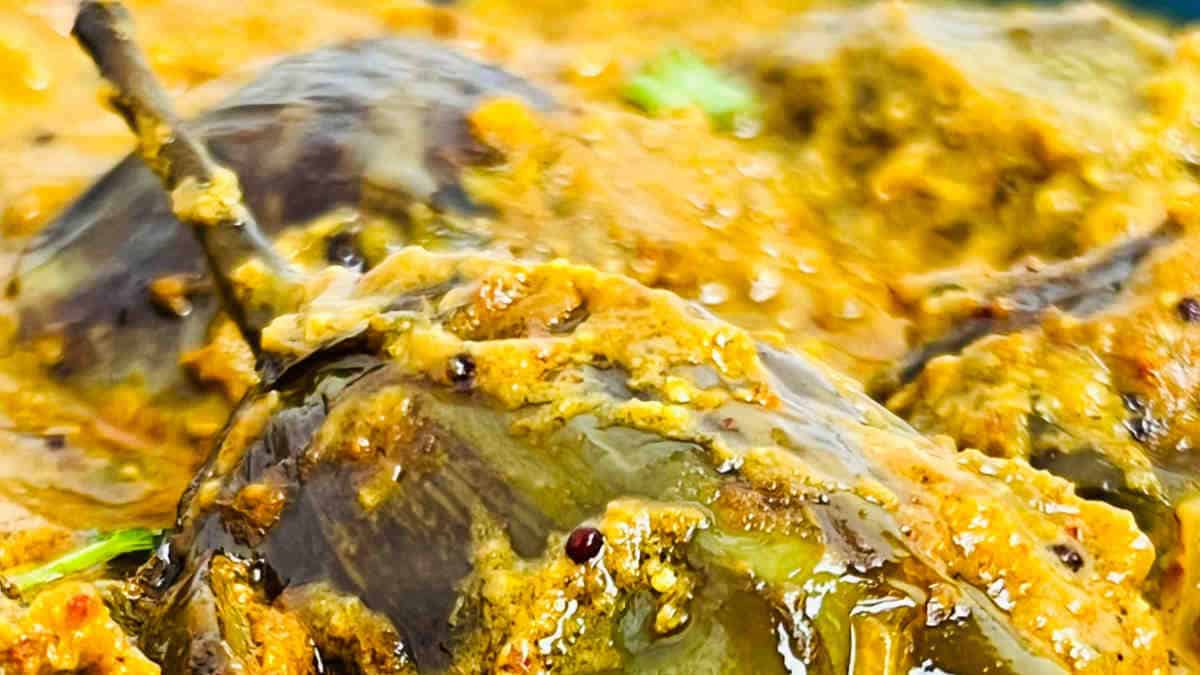 Close up of bagara baingan or Indian eggplant curry.