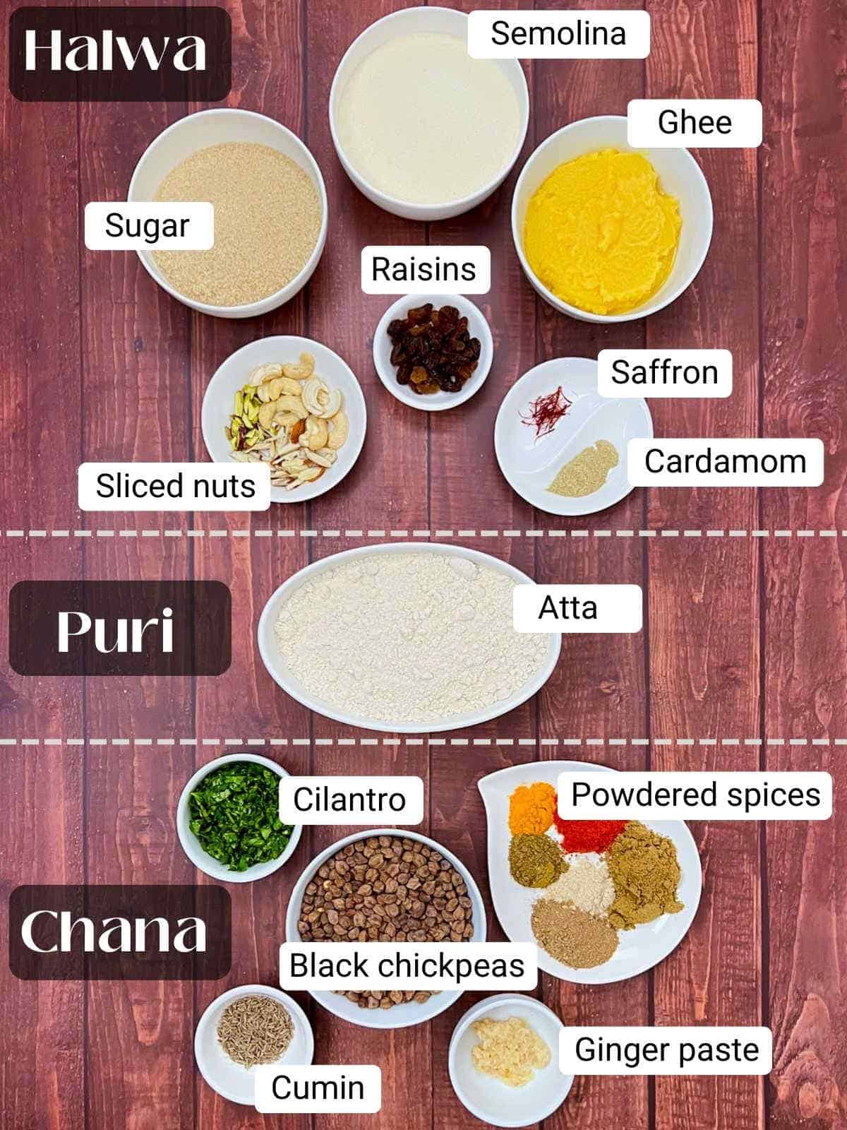 Ingredients to make halwa puri chana placed on a wooden surface.