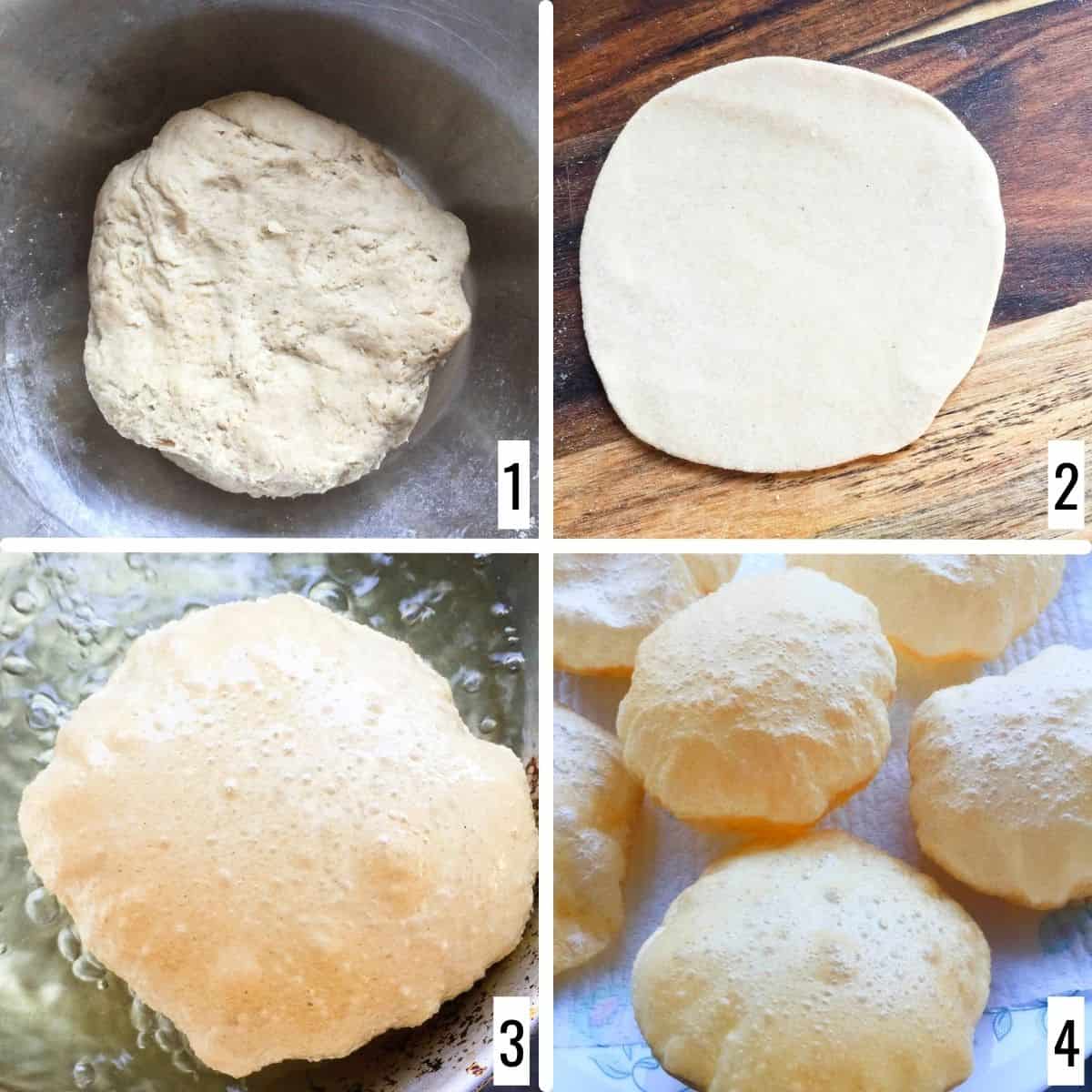 Four-step collage showing how to make poori.