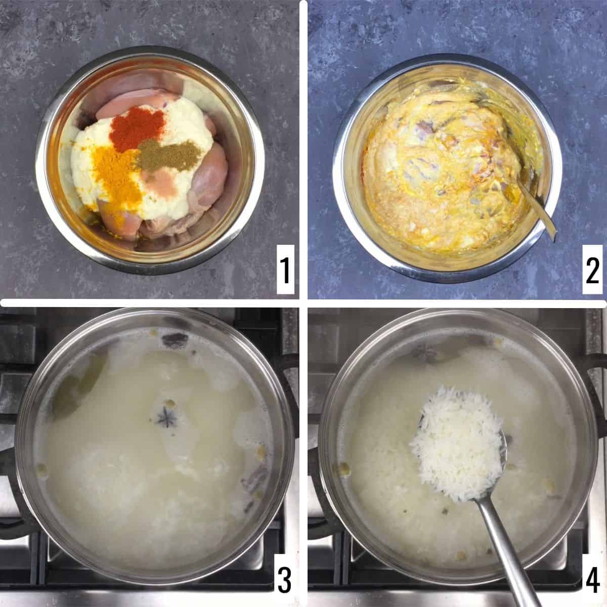 Four-step collage showing chicken marination and cooking the rice.