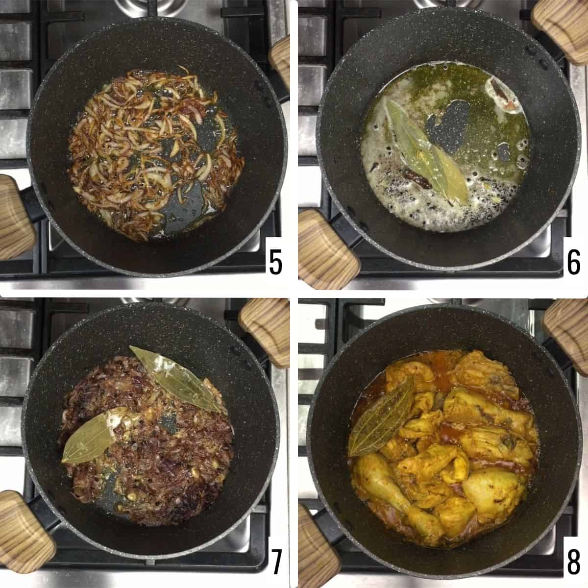 Four-step collage showing the fying of onions and cooking chicken.