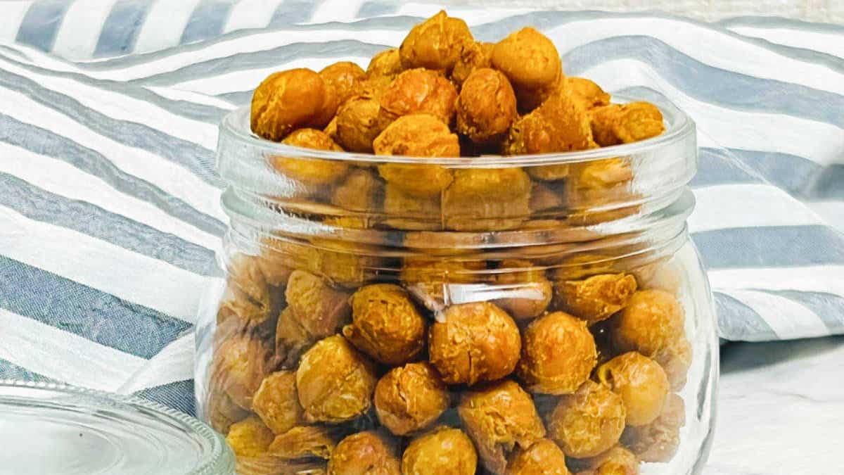 Masala roasted chickpeas in a glass jar.