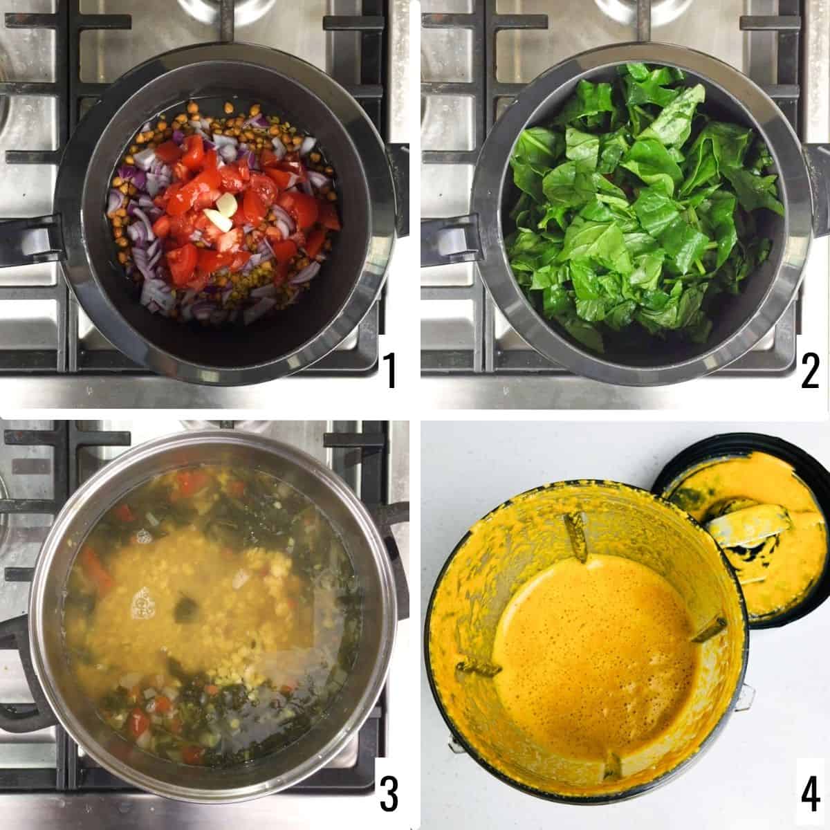 A 4-step collage showing pressure cooking lentils and the making of masala.