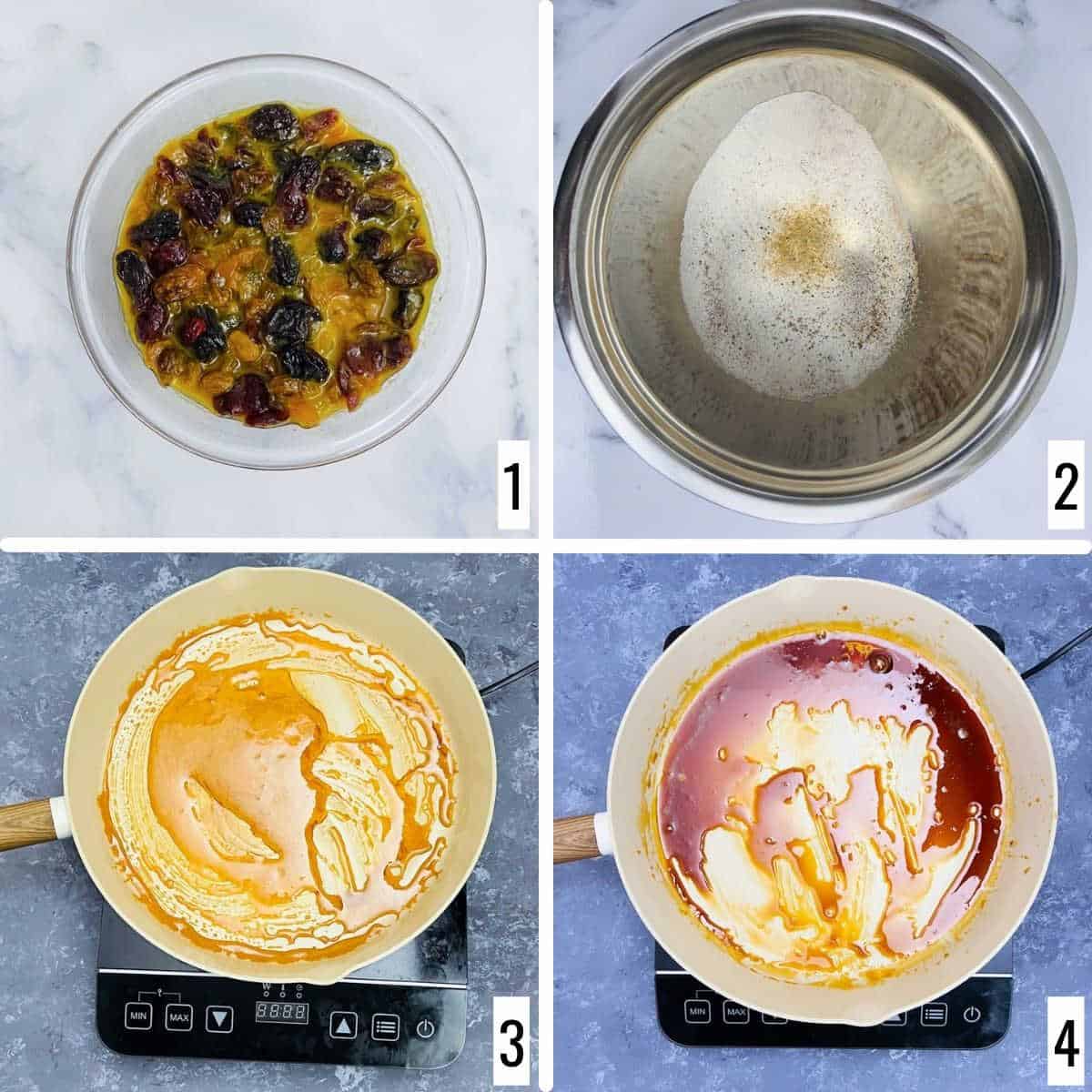 Four-step collage showing the initial steps of cake making.