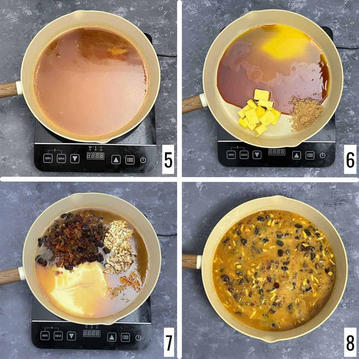 Four-step collage showing the making of caramel.