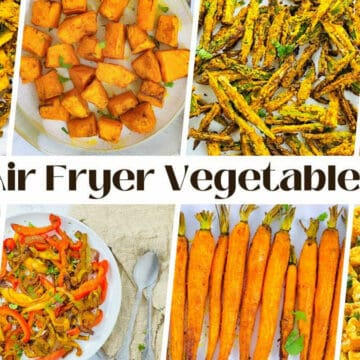 A 6-picture collage of air fryer roasted vegetables.