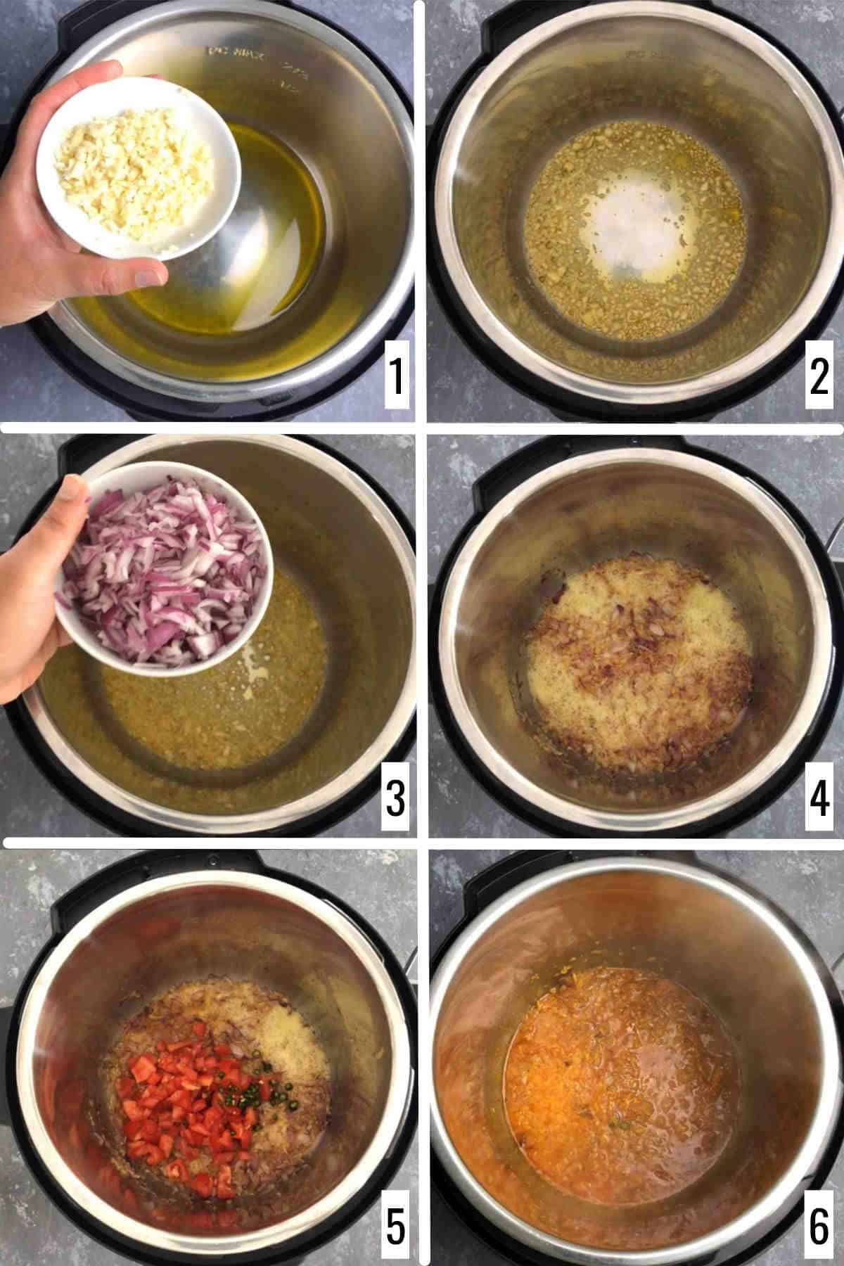A 6-step collage showing how to make the onion-tomato masala.