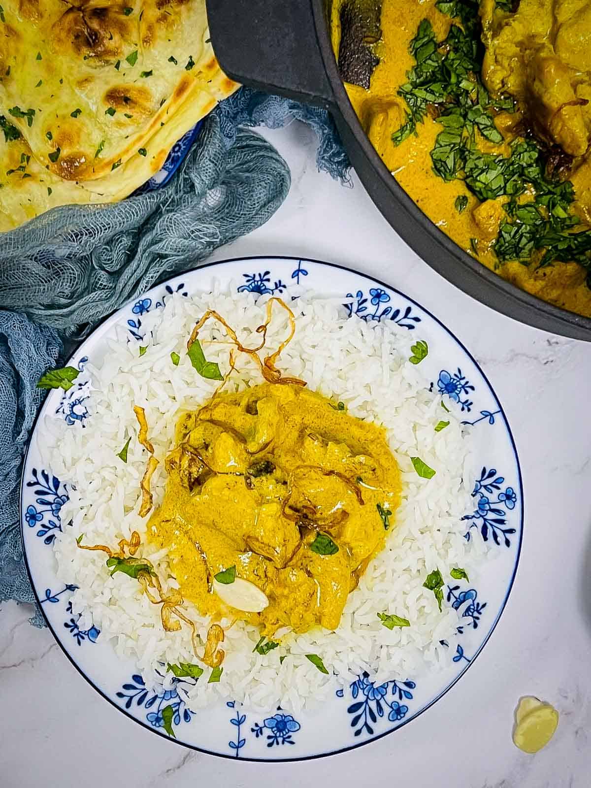 Chicken korma served with basmati rice and naan.