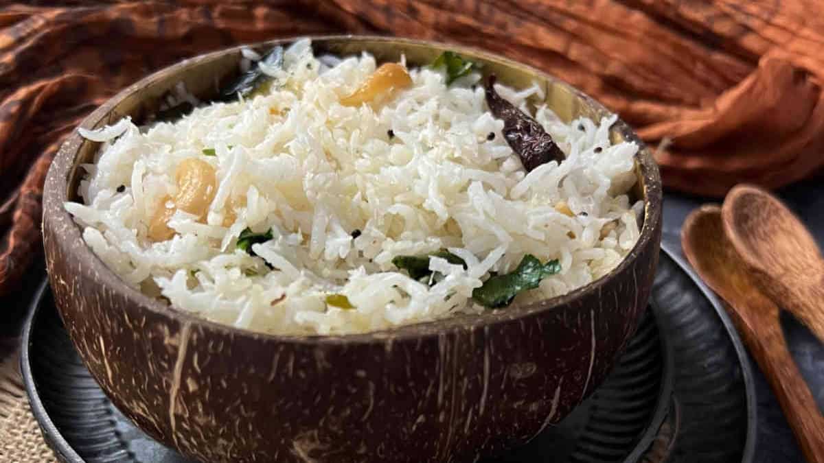 Coconut rice served in a coconut bowl.