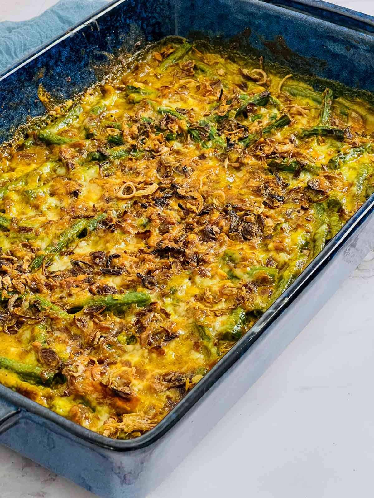 Close up of green bean casserole to show all elements.