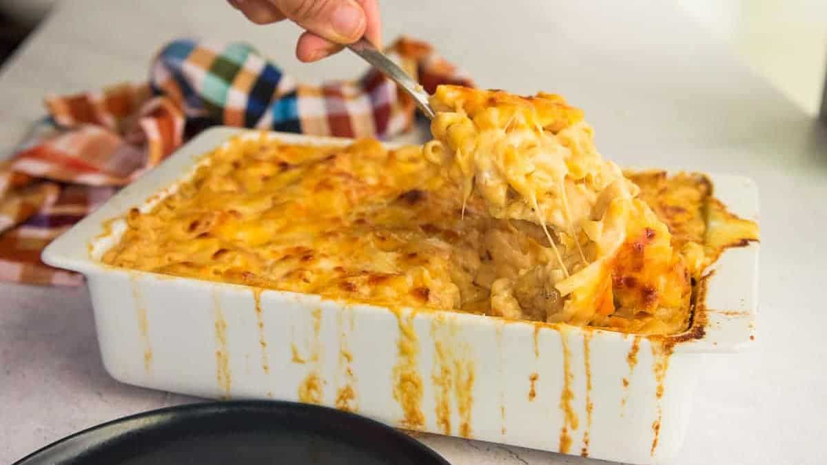 5-cheese mac and cheese in a white casserole.