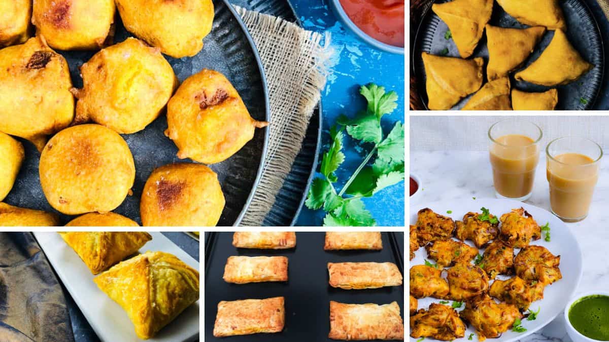 Collage of snacks to serve with chai.