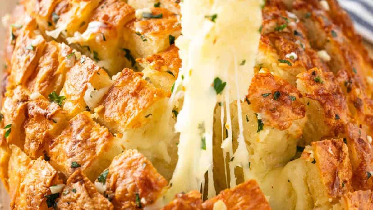 Garlic bread with cheese strings.