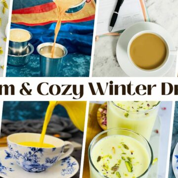 Collage of warm winter drinks.